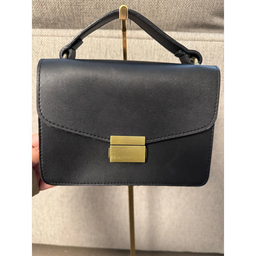 Mini Handbag Women's Black Faux Leather Top Handle Bronze Push-lock Cocktail